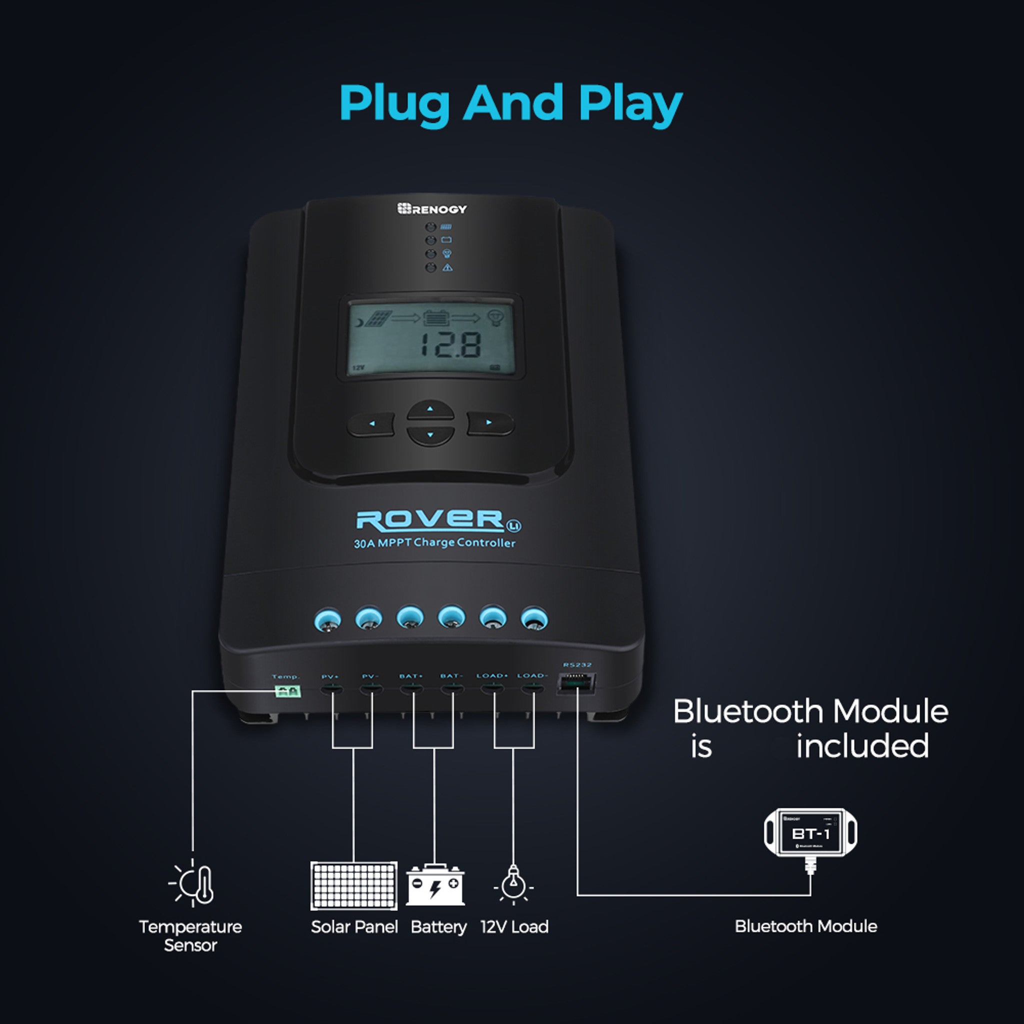 Renogy Rover Li 30 Amp MPPT Solar Charge Controller with Bluetooth Module